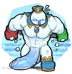 1boy abs bara big_penis blue_penis blush bodily_fluids cape clothing crown footwear genital_fluids genitals gloves half-erect handwear hexdisciple hi_res huge_cock humanoid humanoid_genitalia humanoid_penis hyper hyper_genitalia hyper_penis male male_only mario_(series) mario_golf nintendo pecs penis penis_on_floor precum shoes simple_eyes snow snow_king snowman solo video_games white_body