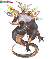 big_breasts breasts chronos_(dragalia_lost) crossed_legs cygames dragalia_lost dragon female genitals girlsay hi_res huge_breasts inverted_nipples nintendo nipples nude pussy scalie simple_background solo video_games white_background