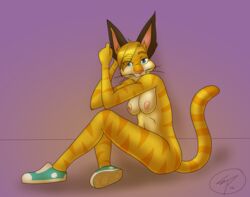 absurd_res anthro big_ears bottomless breasts clothed clothing domestic_cat espent felid feline felis female footwear hi_res lexi_(portzebie) mammal pinup pose shoes solo stripes topless wide_hips