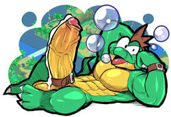 abs amphibian anthro balls big_penis bodily_fluids bubble cum frog frogog genital_fluids genitals hexdisciple huge_cock humanoid_genitalia humanoid_penis hyper hyper_genitalia hyper_penis lying male mario_(series) muscular muscular_male nintendo on_back pecs penis screencap screencap_background smile solo super_mario_rpg video_games