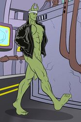 2:3 5_toes abs alien barefoot big_penis bottomless class_comics clothed clothing darkajugin feet flaccid genitals green_body green_skin hi_res humanoid humanoid_feet jacket leather leather_clothing leather_jacket leather_topwear locus locus_onta male male_only navel nipples patrick_fillion pecs penis prostitution solo sweatband toes topwear walking