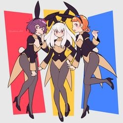 3girls alternate_costume animal_ears annette_fantine_dominic bernadetta_von_varley blue_eyes bunny_ears bunny_girl bunnysuit commentary do_m_kaeru eyebrows_visible_through_hair fake_animal_ears fake_tail female female_only fire_emblem fire_emblem:_three_houses garreg_mach_monastery_uniform high_heels human long_white_hair looking_at_viewer lysithea_von_ordelia multiple_girls nintendo orange_hair pantyhose pink_eyes playboy_bunny purple_hair rabbit_ears rabbit_tail short_orange_hair short_purple_hair source_larger symbol-only_commentary tail teenage_girl teenager white_hair