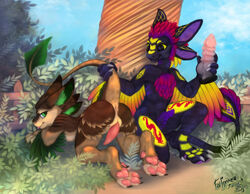 4_ears 4_fingers 4_toes anthro anus ass ass_up avali avian bad_dragon bad_dragon_dildo bedroom_eyes black_body brown_body brown_feathers claws digitigrade dildo duo erection faisonne feathered_wings feathers feet fence fingers fizzypine_(character) fur gambit_farsight garden garden_of_earthly_delights genitals grass green_body green_eyes green_feathers half-closed_eyes holding_dildo holding_object holding_sex_toy holding_tail holding_tail_up imminent_sex kneeling lying male male/male multi_ear narrowed_eyes nature nude on_front outside pawpads paws penis pink_pawpads pink_penis plant presenting presenting_hindquarters purple_pawpads purple_penis raised_tail red_body red_feathers ridges rinyabjorn seductive sex_toy shrub sky slit smile tail_feathers tapering_penis toe_claws toes tongue tongue_out toy tree wings yellow_eyes