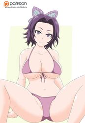 alternate_version_available big_breasts bikini butterfly_hair_ornament cleavage demon_slayer female female_only kimetsu_no_yaiba kochou_shinobu looking_at_viewer noboru_revista purple_bikini purple_eyes purple_hair short_hair sitting smile solo spread_legs swimsuit underboob