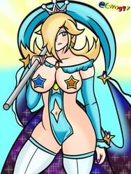 1girls adapted_costume blonde_hair blue_eyes c-nog97 crown female_only goddess_rosalina_(awesomeerix) hair_over_one_eye mario_(series) pelvic_curtain princess_rosalina purple_fingernails star_pasties super_mario_galaxy tagme