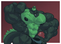 2021 abs anthro areola big_areola big_bulge big_muscles black_body black_clothing black_nipples black_underwear bluekumabox bulge canid canine clothing countershading flexing fox green_body green_countershading huge_bulge huge_muscles hyper hyper_muscles hyper_pecs jewelry looking_at_viewer male mammal muscular muscular_anthro muscular_arms muscular_male muscular_thighs necklace nipples pecs red_background simple_background solo underwear