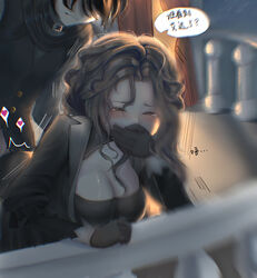 1boy 1girls ada_mesmer balcony big_breasts cleavage closed_eyes covering_mouth doggy_style emil_(identity_v) from_behind identity_v pale-skinned_female sex standing_sex straight tearing_up translation_request