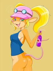 1girl 1girls 2021 2021s 2d 2d_(artwork) 2d_artwork activision anthro ass beverage blonde blonde_female blonde_hair blonde_hair_female bottle bottomless breasts bubble butt clothed clothing crash_(series) crash_bandicoot_(series) drunk drunk_bubble eyeshadow eyewear fangs female female_focus female_only furry furry_female genitals goggles green_eyes hair hat headgear headwear hi_res long_hair long_tail makeup mammal marsupial pasadena_o'possum phalangeriform pink_eyeshadow pink_nose pussy shirt side_boob smile substance_intoxication tagme tail tank_top topwear twintails video_games zebra10045