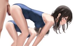 1boy 2girls bare_arms bare_legs bent_over blue_one-piece_swimsuit blurry blurry_background blush breasts brown_eyes brown_hair censored closed_mouth covered_nipples cum cum_string eto eto_(ikumika) highres long_hair medium_breasts mosaic_censoring multiple_girls one-piece_swimsuit penis profile school_swimsuit shiny_skin shoulder_blades solo_focus straight_hair swimsuit white_background