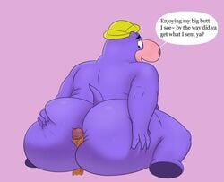 2021 absurd_res anthro ass big_butt clothing colossalstars common_hippopotamus english_text erection genitals hanna-barbera hat headgear headwear hi_res hippopotamid humanoid_genitalia humanoid_hands humanoid_penis male male/male mammal overweight overweight_male penis peter_potamus purple_body simple_background sitting solo_focus text the_peter_potamus_show