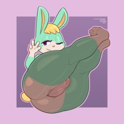 1:1 2021 animal_crossing anthro ass backsack balls big_butt blonde_hair clothing feet femboy frumples fur genitals gesture girly green_body green_fur hair huge_butt lagomorph leggings leggings_only legwear leporid looking_at_viewer male male_only mammal nintendo one_eye_closed pantyhose perineum rabbit sasha_(animal_crossing) scut_tail short_tail smile smirk solo thick_thighs toes v_sign video_games wink