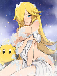 arm_under_breasts artist_signature blonde_hair convenient_censoring cyan_eyes female hair_over_one_eye looking_at_viewer luma mario_(series) nintendo omiza_somi princess_rosalina shower soap_bubbles soap_censor solo_female super_mario_galaxy tagme towel wet