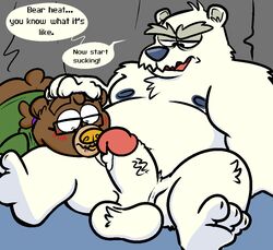 2021 2boys anthro balls belly blush bodily_fluids brown_body club_penguin duo english_text erection eyewear gay genital_fluids genitals glasses herbert_p._bear humanoid_genitalia humanoid_hands humanoid_penis inked-waffle male mammal moobs nipples overweight overweight_male penis polar_bear precum sitting text ursid ursine white_body