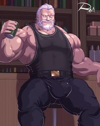 1boy balls bara big_bulge bulge bulge_through_clothing flaccid gay male male_only muscles muscular overwatch penis reclamon reinhardt solo solo_male