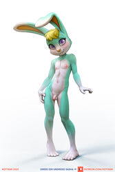 2021 4_toes animal_crossing anthro balls barefoot blonde_hair blue_eyes blush body_fur digital_media_(artwork) english_text feet fingers flaccid foreskin fur furry furry_only genitals green_body green_fur hair humanoid_genitalia humanoid_penis kotyami lagomorph leporid looking_at_viewer male male_only mammal multicolored_body multicolored_fur navel nintendo nipples nude penis pink_nose plantigrade pose rabbit sasha_(animal_crossing) simple_background small_penis smile solo text toes two_tone_body two_tone_fur url video_games white_background white_body