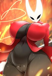 absurd_res anthro arthropod ashraely big_breasts black_body breasts cape cloak clothed clothing curvy_figure digital_media_(artwork) fecharis female genitals hi_res hollow_knight hornet_(hollow_knight) huge_breasts insects looking_at_viewer nipples pussy red_cape simple_background solo team_cherry thick_thighs video_games voluptuous weapon wide_hips