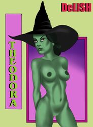 black_hair brown_eyes female green_skin hat_only large_breasts nude real_witch solo the_wizard_of_oz toonytease wicked_witch_of_the_west witch witch_hat