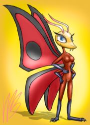 abstract_background antennae_(anatomy) anthro arthropod best_fiends blue_eyes breasts butterfly claws fangs featureless_breasts female genitals hi_res insect_wings insects jojo_(best_fiends) lepidopteran looking_at_viewer maulnarch_blooderfly no_nipples non-mammal_breasts pussy solo video_games wings