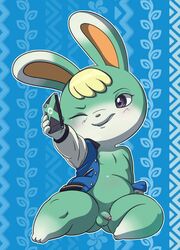 animal_crossing bottomless cellphone clothing fur furry furry_only genitals lagomorph leporid letterman_jacket lkiws male male_only mammal mostly_nude nintendo nude penis phone rabbit sasha_(animal_crossing) selfie solo topwear video_games wink