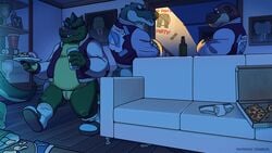 16:9 2021 anthro closed_eyes clothing crocodile crocodilian crocodylid detailed_background food furniture green_body group hi_res humanoid_hands inside male overweight overweight_male pizza pizza_box reptile scalie shirt sinibun_95 slit sofa tino topwear underwear widescreen