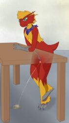 9:16 anthro blaziken bodily_fluids bottomless clothed clothing desk digital_media_(artwork) ember_(oc) eyewear foreskin furniture genital_fluids genitals glasses green_eyes hi_res inside lemonbat male neckwear nintendo omorashi peeing penis pokemon pokemon_(species) shaded solo urine urine_stream video_games