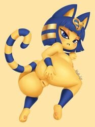 2021 a_z_artist animal_crossing ankha ankha_(animal_crossing) anthro anus ass butt_squish domestic_cat felid feline felis female frown fur furry furry_only genitals hand_on_butt hi_res kneeling looking_at_viewer looking_back mammal naked nintendo nude presenting presenting_anus presenting_hindquarters presenting_pussy pussy rear_view simple_background solo spread_butt spreading squish tail video_games