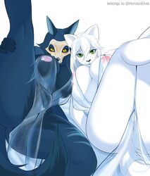 absurd_res abyssal_wolf anthro big_breasts breast_squish breasts breasts_frottage canid canine clothing duo elvia female female/female fur hair hi_res koncon mammal squish translucent translucent_clothing white_body white_fur white_hair