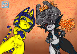 2girls animal_crossing ankha ankha_ride_(minus8) anthro blade_of_fury breasts crossed_arms crossover domestic_cat duo featureless_breasts felid feline felis female female_only frown genitals grin hands_on_hips hieroglyphics humanoid humanoid_pointy_ears imp looking_at_viewer low-angle_view mammal midna multiple_girls nintendo no_nipples nude one_eye_obstructed pussy smile the_legend_of_zelda twili twilight_princess video_games