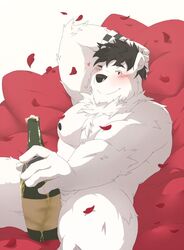 2016 5_fingers alcohol anthro beverage big_muscles black_hair black_nipples black_nose blush champagne charlie_o'conner fingers flower_petals fur hair hand_behind_head hi_res humanoid_hands kikuro looking_at_viewer male mammal muscular muscular_anthro muscular_male nipples nude petals polar_bear rose_petals sitting solo ursid ursine white_body white_fur wristband