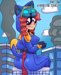 ass blue_eyes brawl_stars cat_burglar_jessie catgirl desq_loq_conejo feline game giantess gigantic_ass gigantic_breasts jessie_(brawl_stars) looking_back outfit red_hair skin supercell