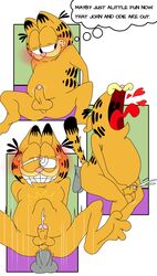 anthro blush bodily_fluids cum cum_while_penetrated dildo domestic_cat drooling english_text eric_everyotherheart felid feline felis fucked_silly garfield_(series) garfield_the_cat genital_fluids hi_res male male/male mammal penetration saliva sequence sex_toy solo stomach_bulge text think_bubble