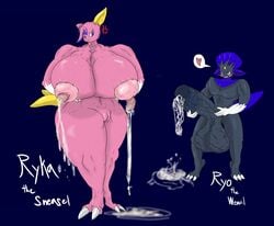 angry anthro big_breasts big_penis black_body blush bodily_fluids breasts cum duo female genital_fluids genitals heart huge_breasts huge_cock male male/female mammal milk mustela mustelid musteline nintendo penis pink_body pokemon pokemon_(species) precum rika_the_sneasel ryo_the_weavile sneasel true_musteline unknown_artist video_games weavile