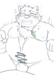 2021 absurd_res anthro balls blush bodily_fluids censored closed_eyes cum ejaculation erection eyewear genital_fluids genitals glasses hi_res humanoid_genitalia humanoid_hands humanoid_penis kemono lifewonders male mammal overweight overweight_male penis scribble_censorship sitting solo tokyo_afterschool_summoners ursid video_games volos zuboboz