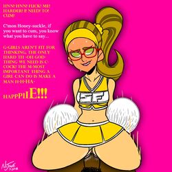 1boy 1girls big_hero_6 bimbo bimbofication biting_lip blonde_hair brain_drain cheerleader cheerleader_uniform cowgirl_position dark-skinned_male dialogue eyes_rolling_back glasses honey_lemon hypnosis marvel marvel_comics mind_break nojahns partial_male spiral_eyes text