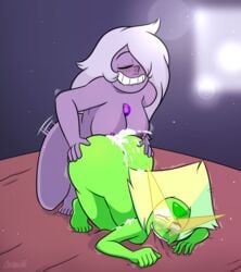 1futa 1girls amedot amethyst_(steven_universe) areolae bed biting_lip biting_sheets breasts cartoon_network cartoonsaur cum cum_inside duo ejaculation female futa_on_female futanari humanoid kneeling nipples nude orgasm peridot_(steven_universe) pleasure_face rolling_eyes sheet_bite sheets steven_universe top-down_bottom-up