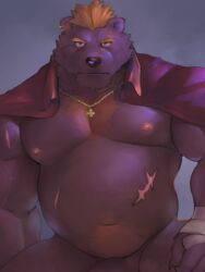 1boy 2021 3:4 anthro barguest_(tokyo_afterschool_summoners) belly genitals humanoid_hands kemono lifewonders male male_only mammal moobs navel nipples overweight overweight_male penis salz_sop scar solo tokyo_afterschool_summoners ursid video_games