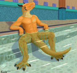 abs animal_genitalia anthro anus bath bathhouse black_claws black_horn black_nails claws closed_eyes colored_nails dragon front_view genital_slit genitals hi_res horn male nails nude orange_body ortez partially_submerged scalie sitting slit solo swanska_(artist) teal_stripes western_dragon