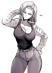 1girls android_18 blue_eyes cameltoe clothed dragon_ball dragon_ball_fighterz dragon_ball_gt dragon_ball_super dragon_ball_z female_focus female_only large_breasts large_hips monochrome short_hair takatsuki_ichi thick