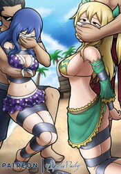 bare_shoulders beach big_breasts bikini blonde_hair blue_hair blue_tattoo bondage chloroform detached_sleeves drugged fainting fairy_tail fairy_tail_mark gag green_bikini juvia_lockser kidnapped kidnapping long_hair losing_consciousness lucy_heartfilia magnolia-baillon male polka_dot quilt sunglasses tape taped_ankles taped_arms taped_feet taped_legs taped_mouth taped_wrists tattoo tattoo_on_legs tattooed_leg tummy unconscious