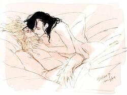 2boys adoptive_siblings beard cuddling facial_hair gay human human_only kissing light-skinned_male light_skin limited_palette loki_(marvel) male_only marvel marvel_cinematic_universe nude_male sketch thor_(marvel) thor_(series) yaoi