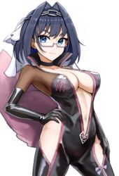 1girls 2021 absurdres areola_slip areolae biker_clothes bikesuit black_choker blue_eyes blue_hair bodysuit bow bow_earrings breasts cameltoe center_opening chains choker collarbone cosplay creator_connection earrings eyebrows_visible_through_hair fate/grand_order fate_(series) female female_only fox_tail glasses hair_intakes hand_on_hip highres hip_vent hololive hololive_english hololive_english_-council- hololive_english_-promise- jewelry koyanskaya_(assassin)_(cosplay) koyanskaya_(fate) large_breasts light_smile looking_at_viewer matmaj medium_hair navel no_bra no_panties ouro_kronii partially_unzipped revealing_clothes semi-rimless_eyewear simple_background skin_tight solo tail under-rim_eyewear veil virtual_youtuber white_background zipper zipper_pull_tab