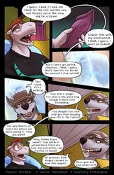 absurd_res anthro canid canine canis clothing coach_dale comic detailed_background dialogue duo english_text frozen genitals hat headgear headwear hi_res horn lizard male mammal open_mouth original_character penis reptile ridged_penis scalie shirt skull_lizard t-shirt text thekinkybear topwear wolf