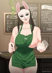 1girls apron big_breasts bunny_mask commission dbd dead_by_daylight female female_only gantsuki killer looking_at_another looking_at_viewer mask milf milk restaurant tagme the_huntress_(dead_by_daylight) voluptuous