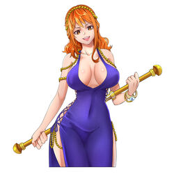 absurdres bangs bare_shoulders behind_back breasts breasts_apart cleavage covered_navel dress female female_focus female_only groin hand_up happy head_tilt highres holding holding_staff kerana_art large_breasts legs long_dress long_hair looking_at_viewer lots_of_jewelry matching_hair/eyes nami one_piece open_mouth orange_eyes orange_hair polearm purple_dress simple_background sleeveless smile solo staff standing teeth thighs upper_teeth weapon white_background