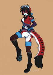 android anthro ara_(fluff-kevlar) black_hair blue_pawpads breasts clothed clothing felid feline female fur genitals hair hi_res looking_at_viewer machine maid_headdress maid_uniform mammal open_mouth pawpads pussy raised_clothing raised_leg red_body red_fur robot salmon_head solo uniform white_body white_fur