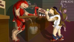 absurd_res alien anthro bartender bodily_fluids clothing cum cum_in_mouth cum_inside emilios gay genital_fluids genitals group growth hi_res human human_to_humanoid krogan male male/male male_only mammal mass_effect muscle_growth muscular muscular_male nude penis species_transformation torn_clothing transformation video_games