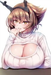 blush breast_rest claret_cardinal female female_only hairband headgear huge_breasts kantai_collection keyhole keyhole_turtleneck looking_at_viewer mutsu_(kantai_collection) ribbed_sweater shiny_skin smile solo sweater turtleneck turtleneck_sweater upper_body yellow_eyes