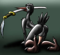 all_fours anthro anus ass avian bassybefuddle beak bird edgar_lonta_(whaddon) feathers genitals heron male melee_weapon pelecaniform penis pose presenting presenting_hindquarters solo sword sword_in_mouth tail_feathers talons weapon