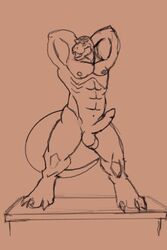 2:3 abs anthro balls dinosaur erection genitals hands_behind_head hi_res male monochrome muscular muscular_male nipples nude penis pose reptile scalie sennith solo theropod tyrannosaurid tyrannosaurus