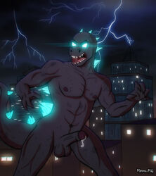 abs angry anthro balls biceps big_penis biped bodily_fluids building cel_shading chromatic_aberration city claws foreskin genital_fluids genitals glowing glowing_eyes glowing_spikes godzilla godzilla_(series) hi_res humanoid_genitalia humanoid_penis kaiju kimero_kat lens_flare lightning male male_only monster muscular muscular_male nipples non-mammal_balls nude penis precum pupils scalie shaded slit_pupils solo spikes toho